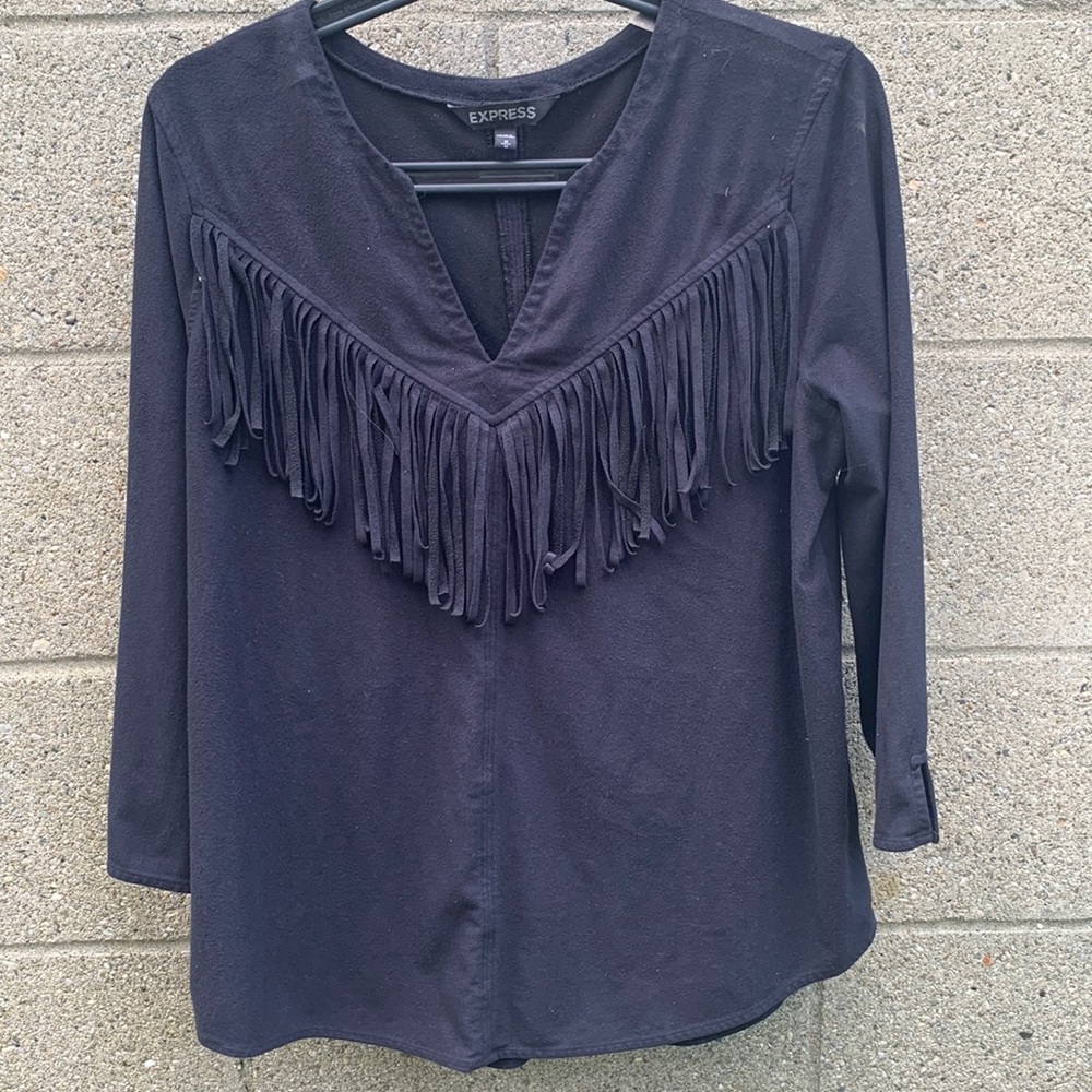 Medium, Express, Navy Blue, Swede Fringe Blouse